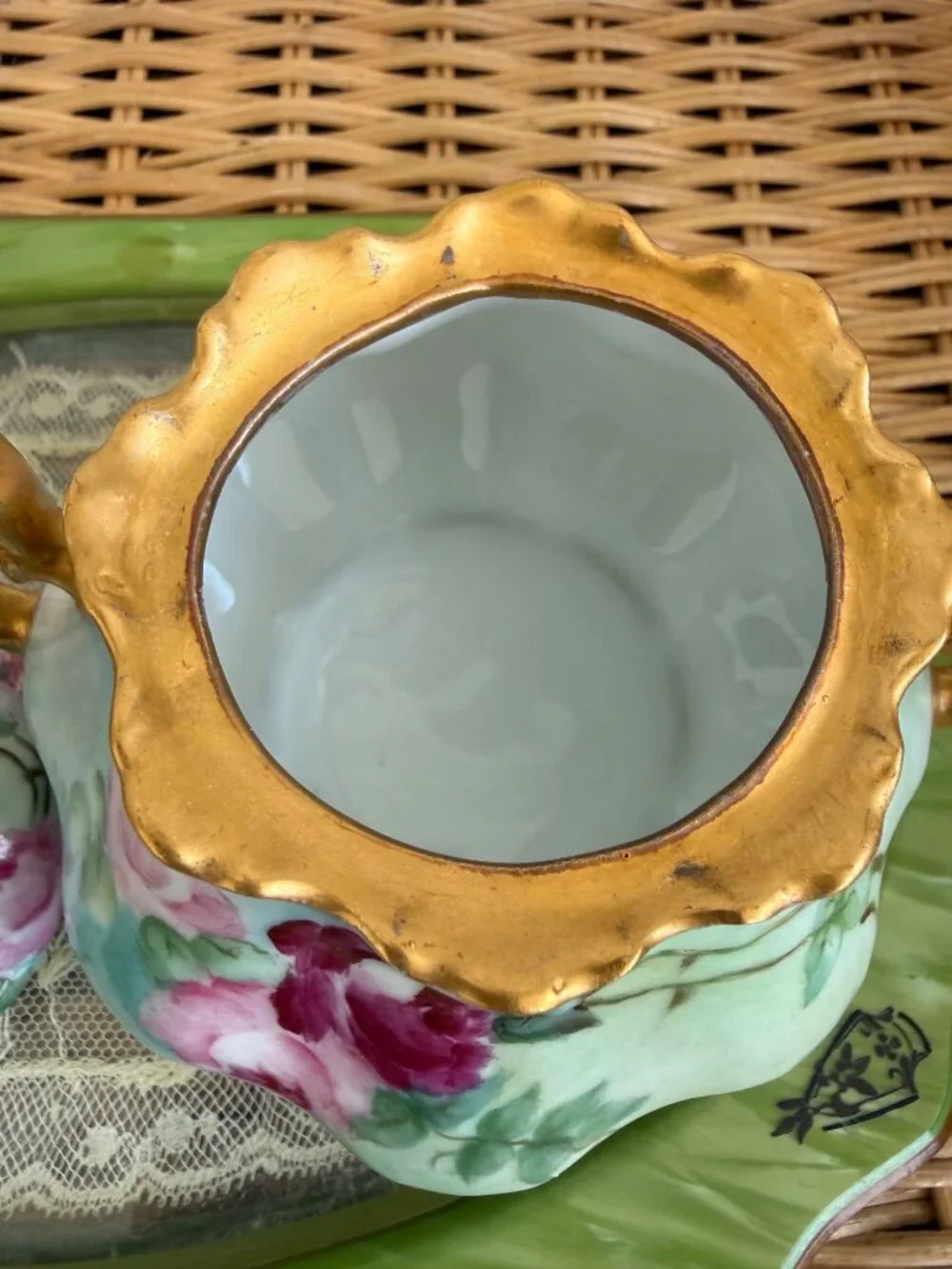 Vintage 40's Hand Painted Floral Porcelain Sugar and Greamer Set Gold Accent